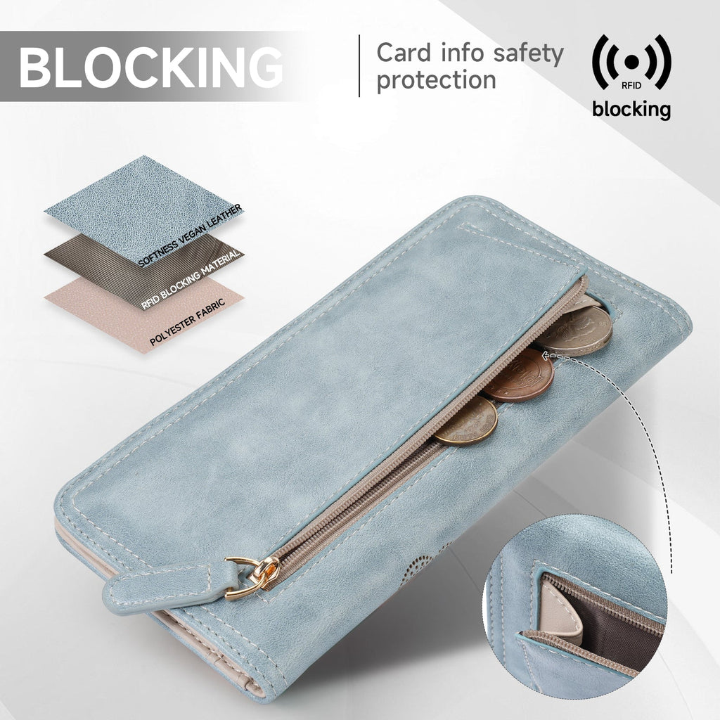 Butterfly RFID Ultra Slim Bifold Long Wallet, Blue APHISON