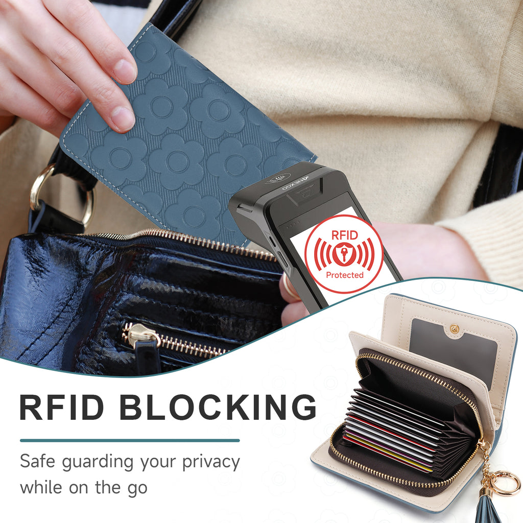 Womens Embossing Flowers Wallet Small Compact RFID Blocking Credit Card Case Purse with Zipper Pocket（PEACOCK-BLUE） APHISON