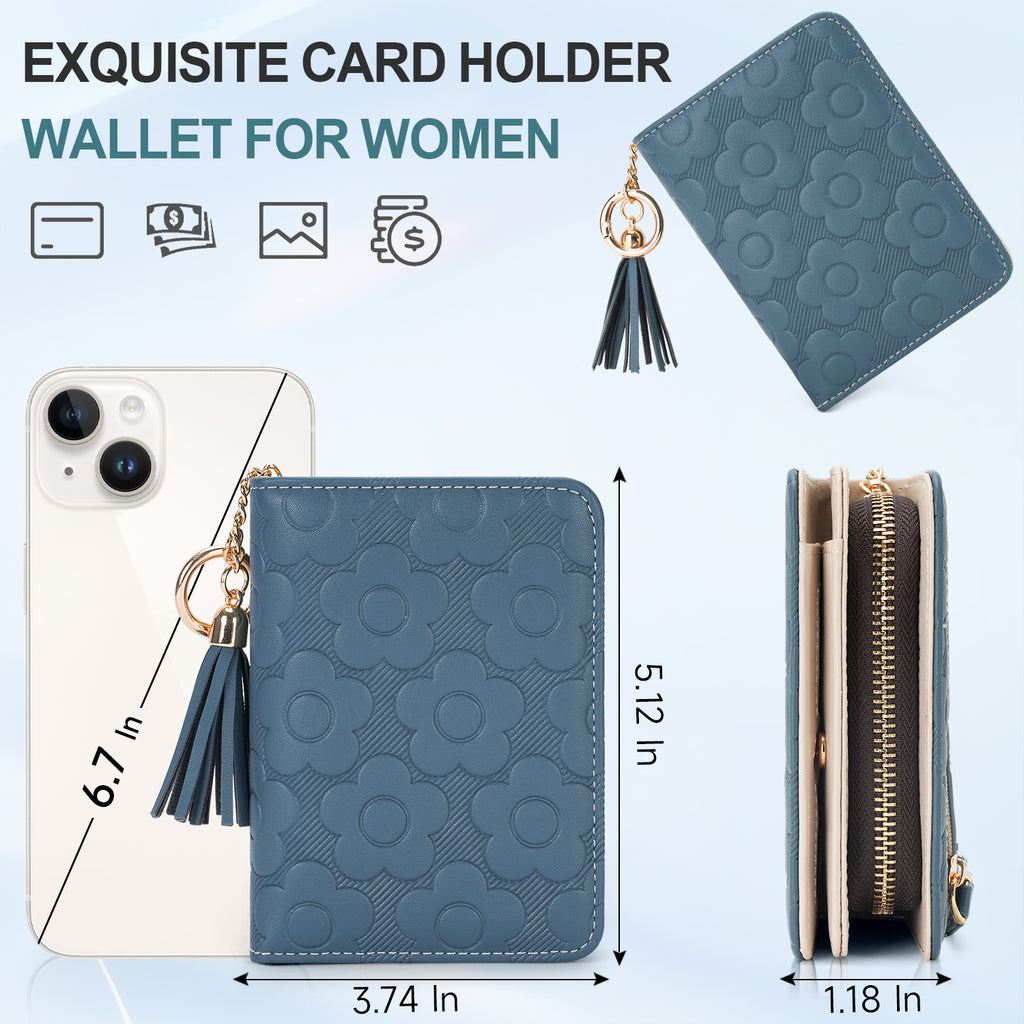 Womens Embossing Flowers Wallet Small Compact RFID Blocking Credit Card Case Purse with Zipper Pocket（PEACOCK-BLUE） APHISON