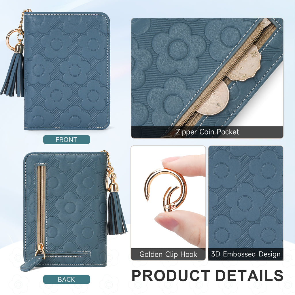 Womens Embossing Flowers Wallet Small Compact RFID Blocking Credit Card Case Purse with Zipper Pocket（PEACOCK-BLUE） APHISON