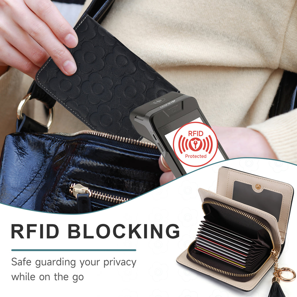 Womens Embossing Flowers Wallet Small Compact RFID Blocking Credit Card Case Purse with Zipper Pocket（BLACK） APHISON