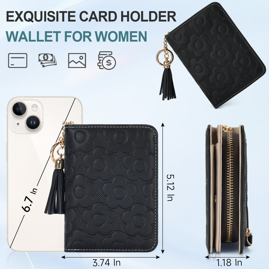 Womens Embossing Flowers Wallet Small Compact RFID Blocking Credit Card Case Purse with Zipper Pocket（BLACK） APHISON