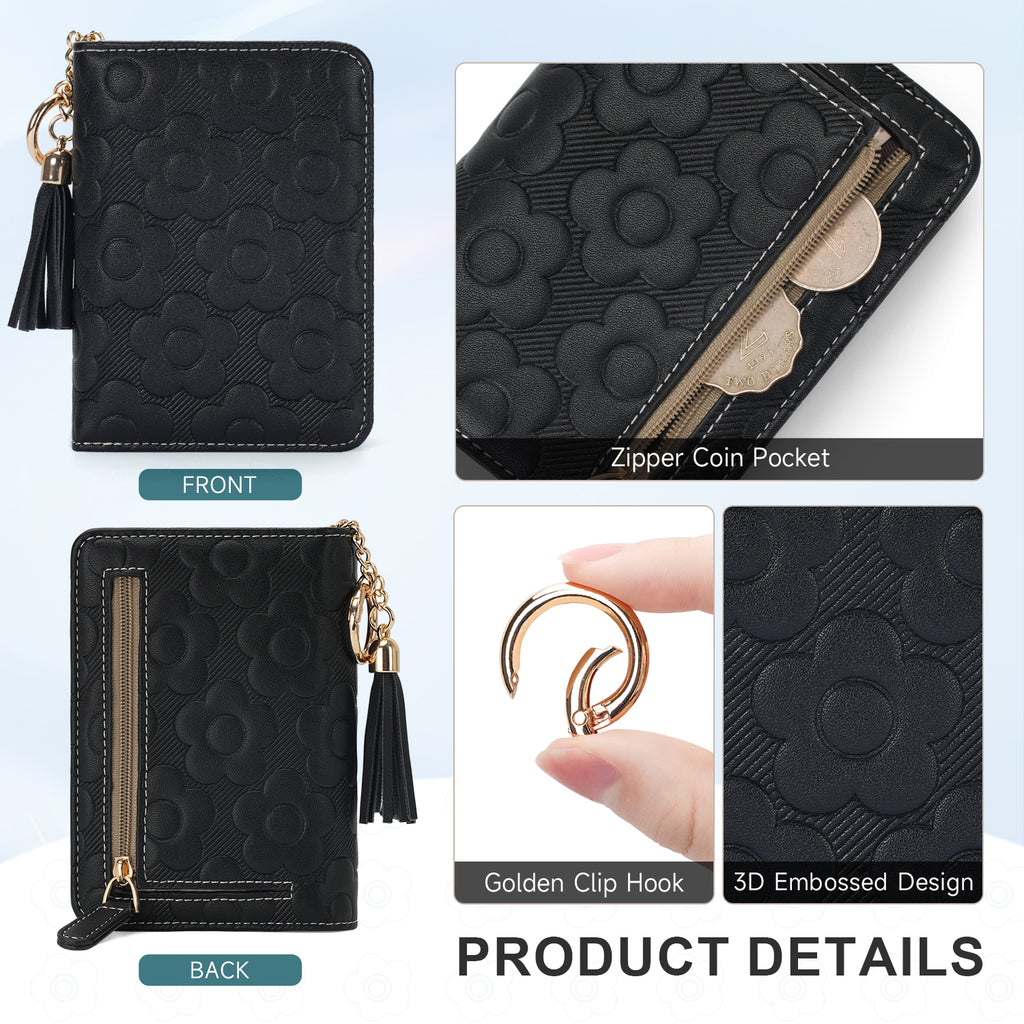 Womens Embossing Flowers Wallet Small Compact RFID Blocking Credit Card Case Purse with Zipper Pocket（BLACK） APHISON
