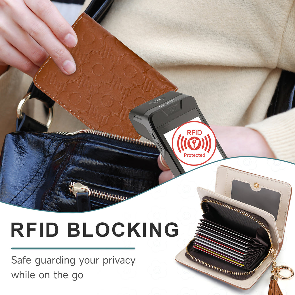 Womens Embossing Flowers Wallet Small Compact RFID Blocking Credit Card Case Purse with Zipper Pocket（BROWN）（复制） APHISON