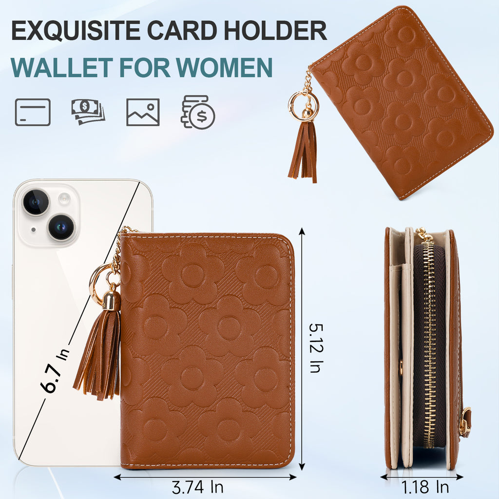 Womens Embossing Flowers Wallet Small Compact RFID Blocking Credit Card Case Purse with Zipper Pocket（BROWN）（复制） APHISON