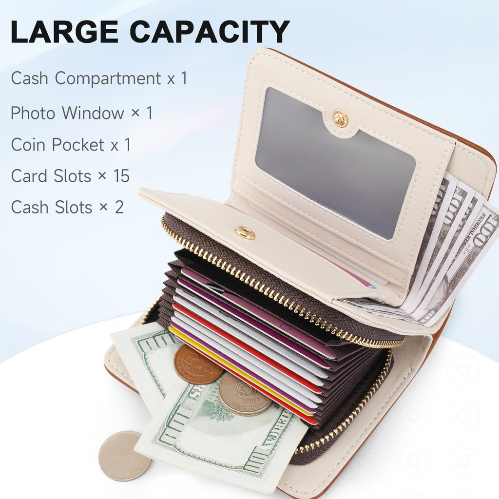 Womens Embossing Flowers Wallet Small Compact RFID Blocking Credit Card Case Purse with Zipper Pocket（BROWN）（复制） APHISON