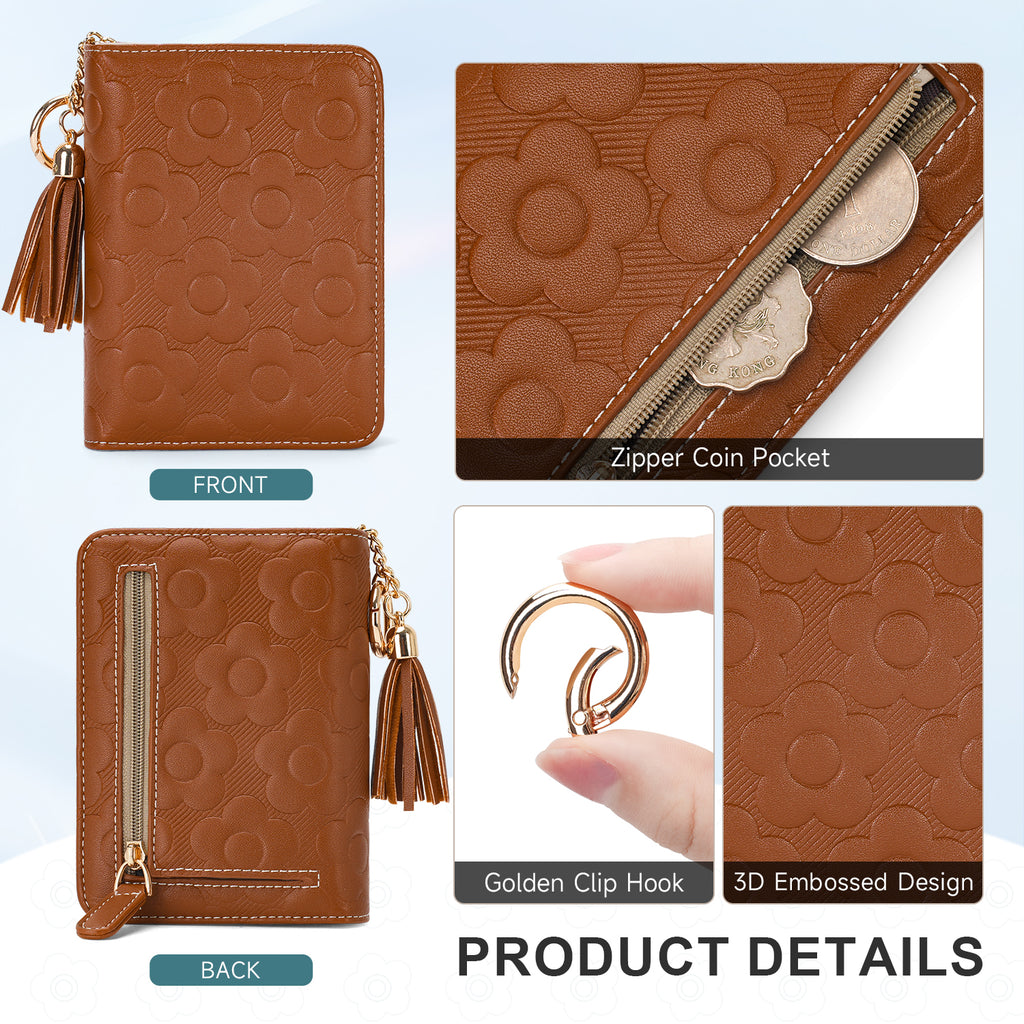 Womens Embossing Flowers Wallet Small Compact RFID Blocking Credit Card Case Purse with Zipper Pocket（BROWN）（复制） APHISON