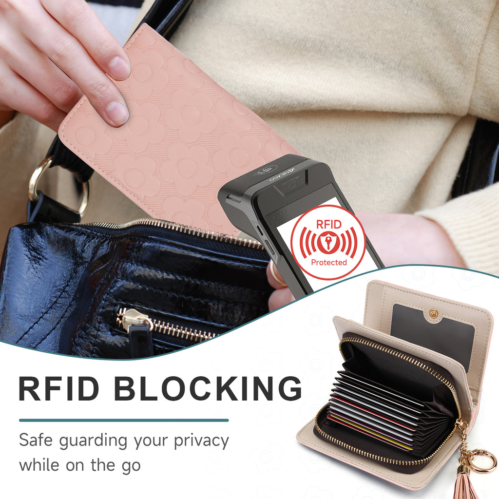 Womens Embossing Flowers Wallet Small Compact RFID Blocking Credit Card Case Purse with Zipper Pocket（PINK） APHISON