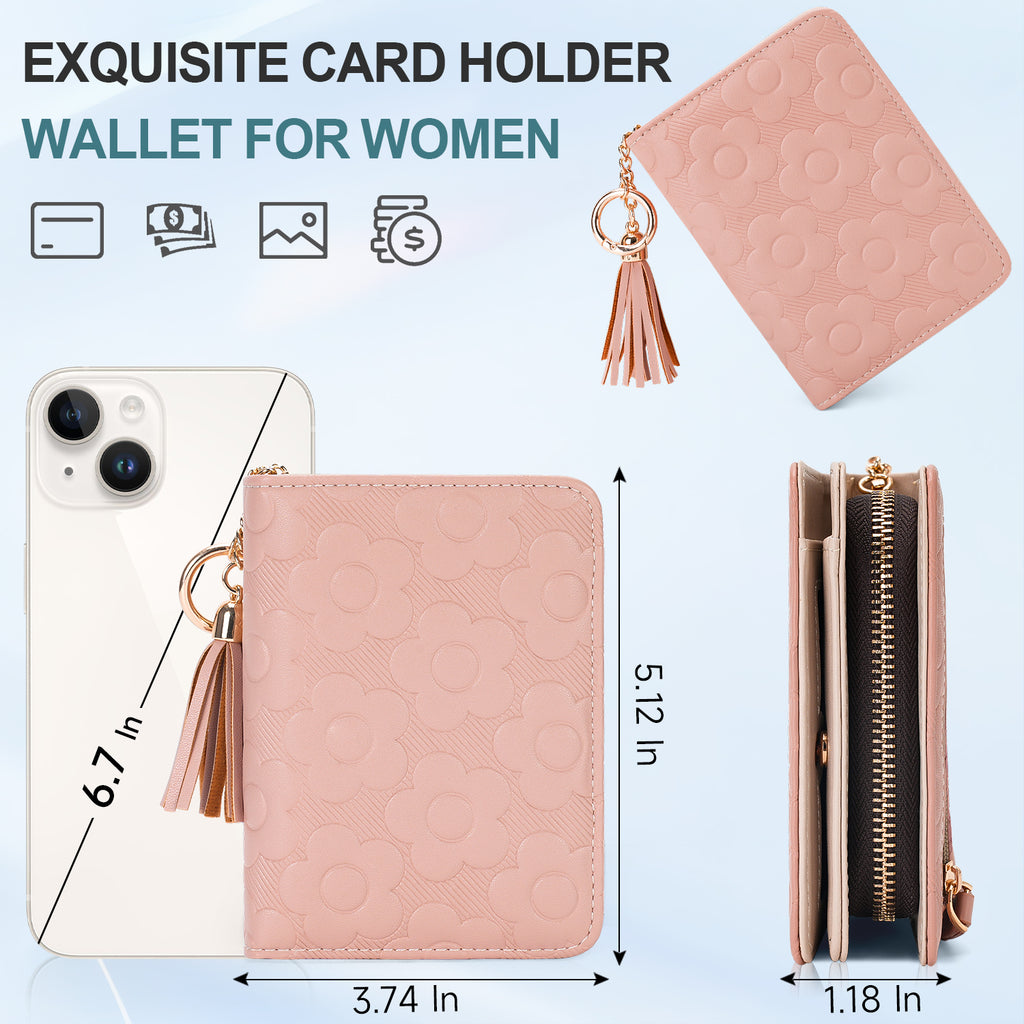 Womens Embossing Flowers Wallet Small Compact RFID Blocking Credit Card Case Purse with Zipper Pocket（PINK） APHISON