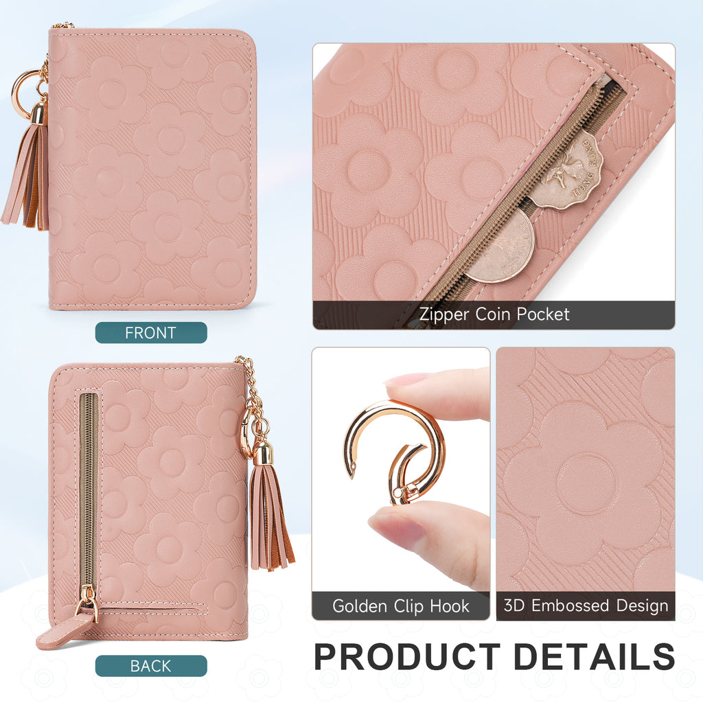 Womens Embossing Flowers Wallet Small Compact RFID Blocking Credit Card Case Purse with Zipper Pocket（PINK） APHISON