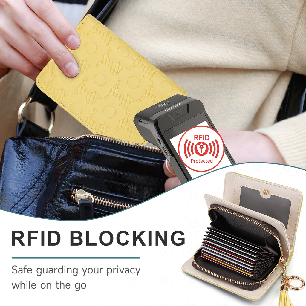 Womens Embossing Flowers Wallet Small Compact RFID Blocking Credit Card Case Purse with Zipper Pocket（YELLOW） APHISON