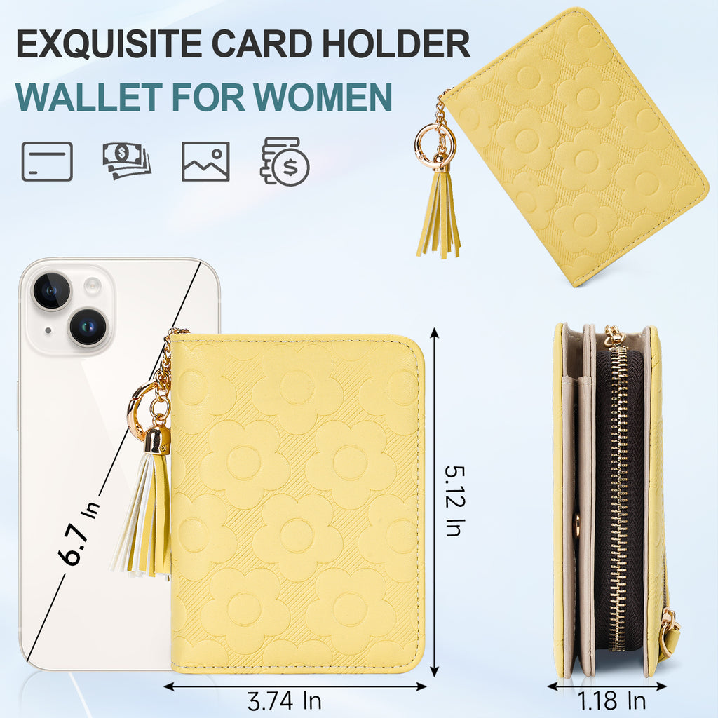 Womens Embossing Flowers Wallet Small Compact RFID Blocking Credit Card Case Purse with Zipper Pocket（YELLOW） APHISON