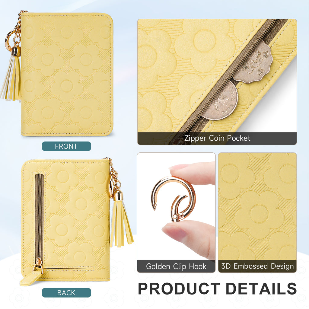 Womens Embossing Flowers Wallet Small Compact RFID Blocking Credit Card Case Purse with Zipper Pocket（YELLOW） APHISON