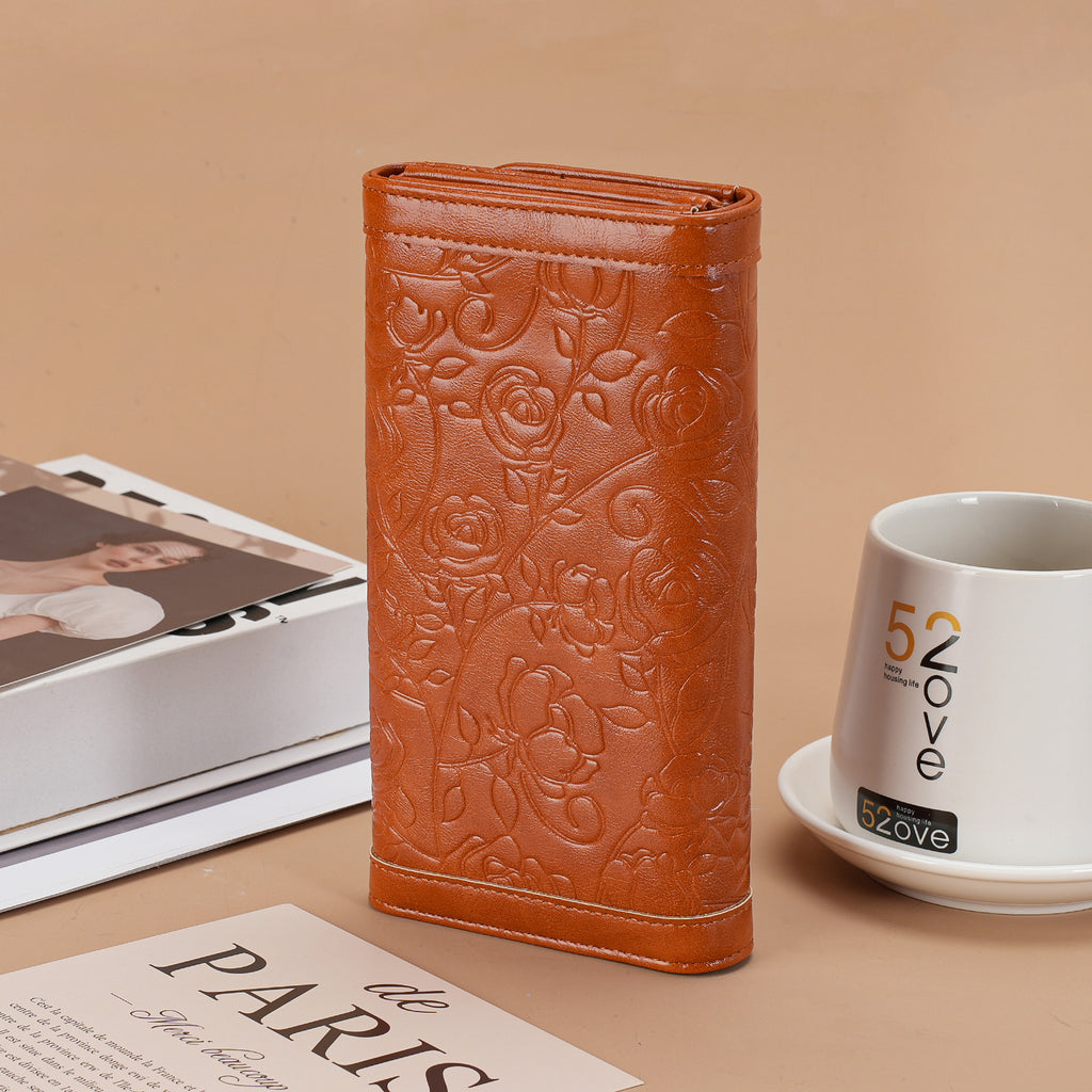 Tri-fold Embossed Large Capacity Minimalist Wallets For women with RFID Blocking Credit PU Leathers Card Holder Wallet(ROWN) APHISON