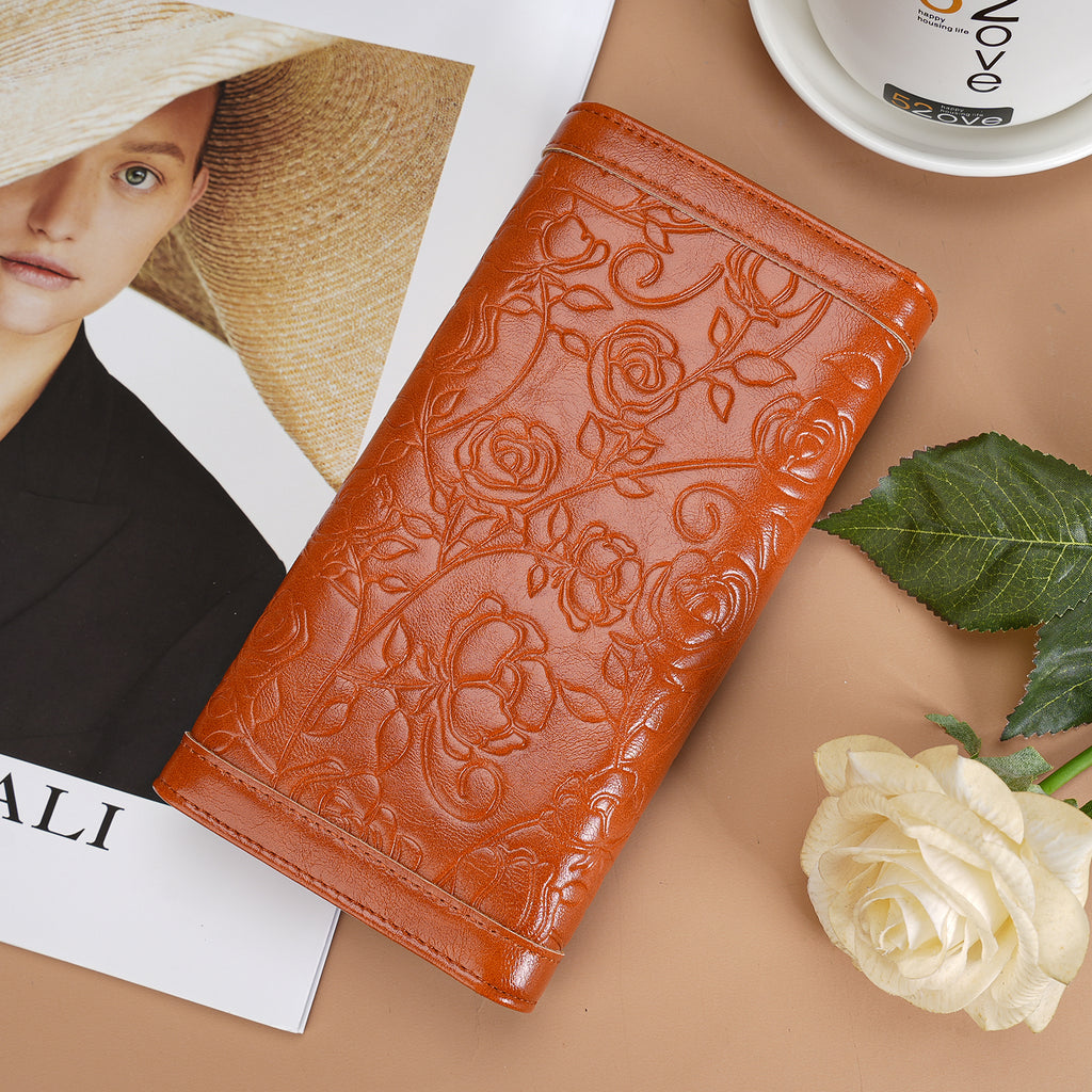 Tri-fold Embossed Large Capacity Minimalist Wallets For women with RFID Blocking Credit PU Leathers Card Holder Wallet(ROWN) APHISON