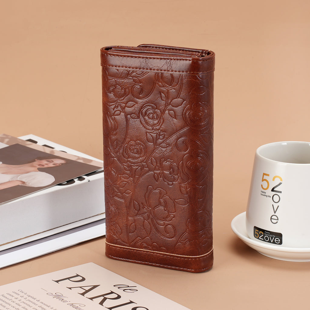 Tri-fold Embossed Large Capacity Minimalist Wallets For women with RFID Blocking Credit PU Leathers Card Holder Wallet(ROWN)（复制） APHISON