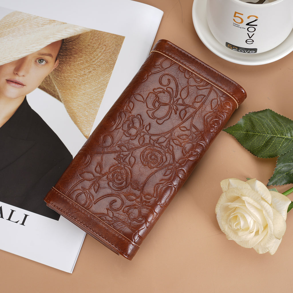 Tri-fold Embossed Large Capacity Minimalist Wallets For women with RFID Blocking Credit PU Leathers Card Holder Wallet(ROWN)（复制） APHISON