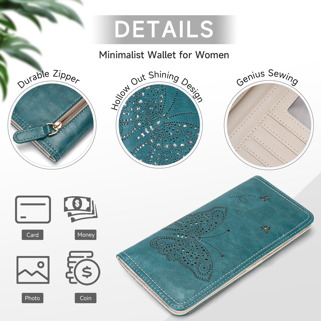 Butterfly RFID Ultra Slim Bifold Long Wallet, Peacock Blue APHISON