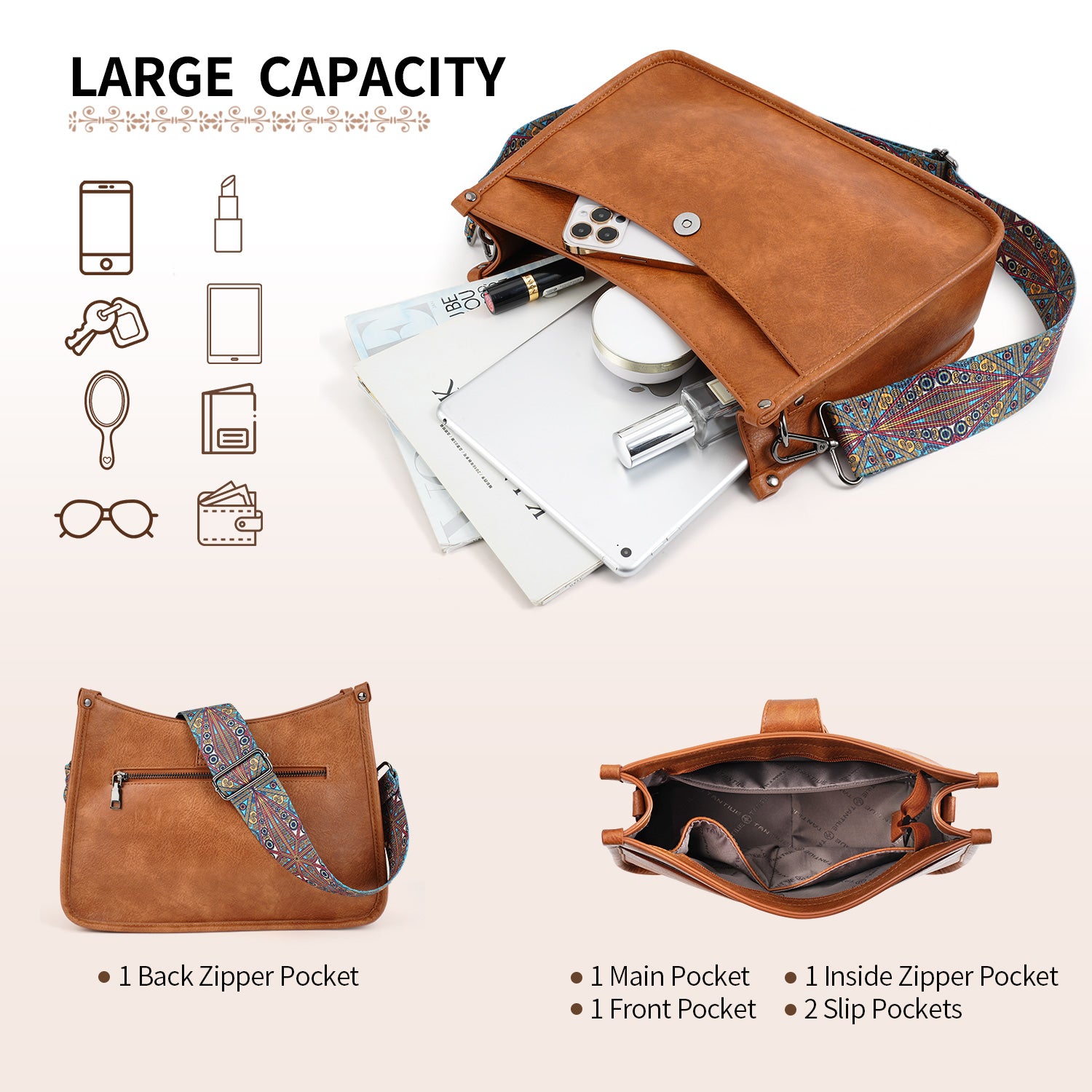 JAMfit Vegan Leather Crossbody Bag For Women - Hobo Shoulder Purse With 2 Adjustable Straps, Spacious & Trendy