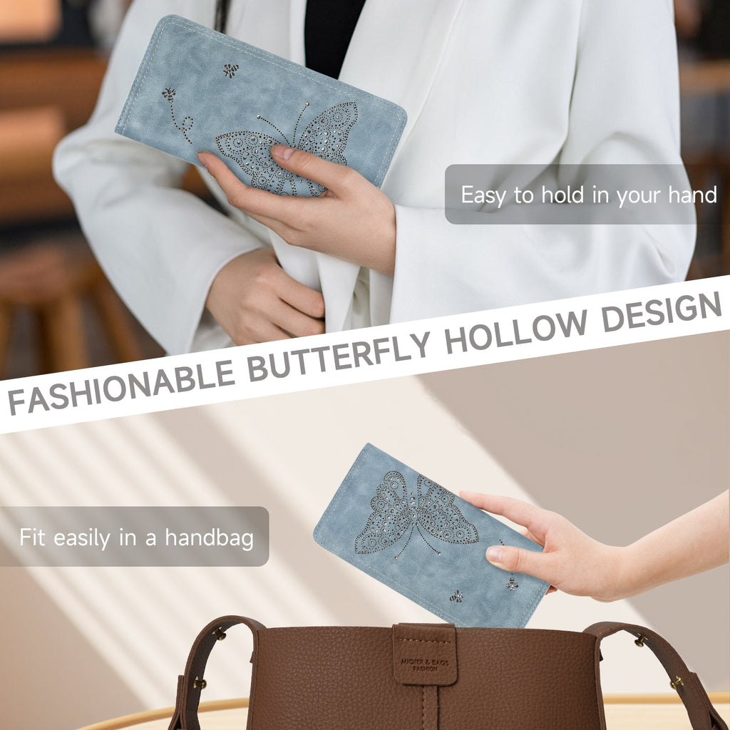 Butterfly RFID Ultra Slim Bifold Long Wallet, Blue APHISON