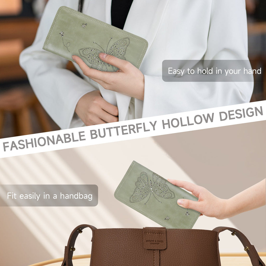 Butterfly RFID Ultra Slim Bifold Long Wallet, Green APHISON