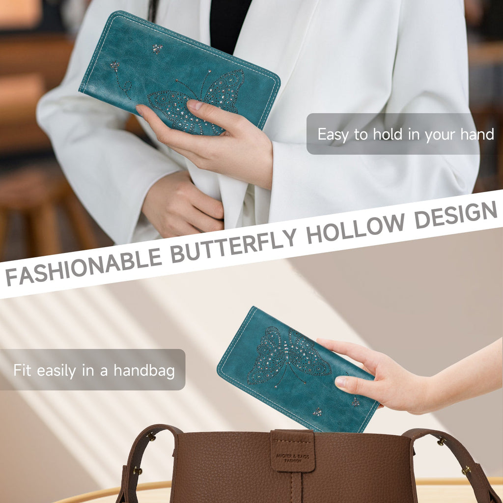 Butterfly RFID Ultra Slim Bifold Long Wallet, Peacock Blue APHISON