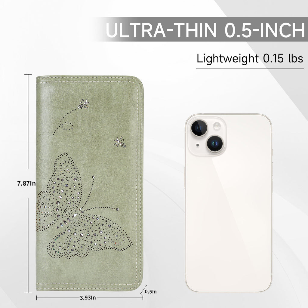 Butterfly RFID Ultra Slim Bifold Long Wallet, Green APHISON