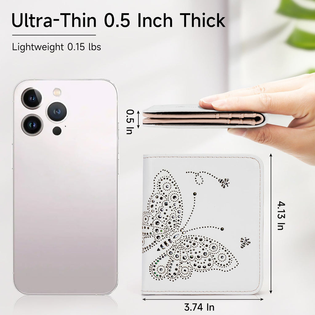 Butterfly Small RFID Ultra Slim Bifold Wallet, White APHISON