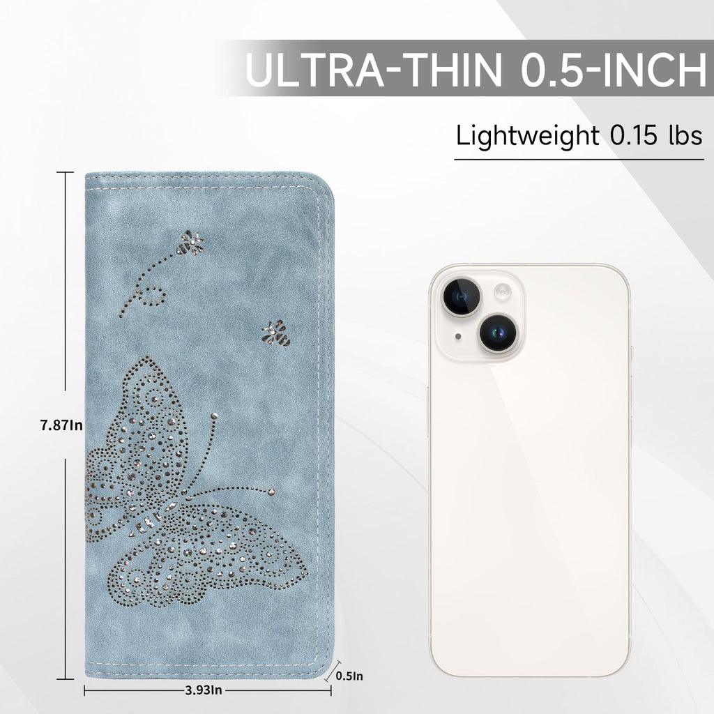 Butterfly RFID Ultra Slim Bifold Long Wallet, Blue APHISON
