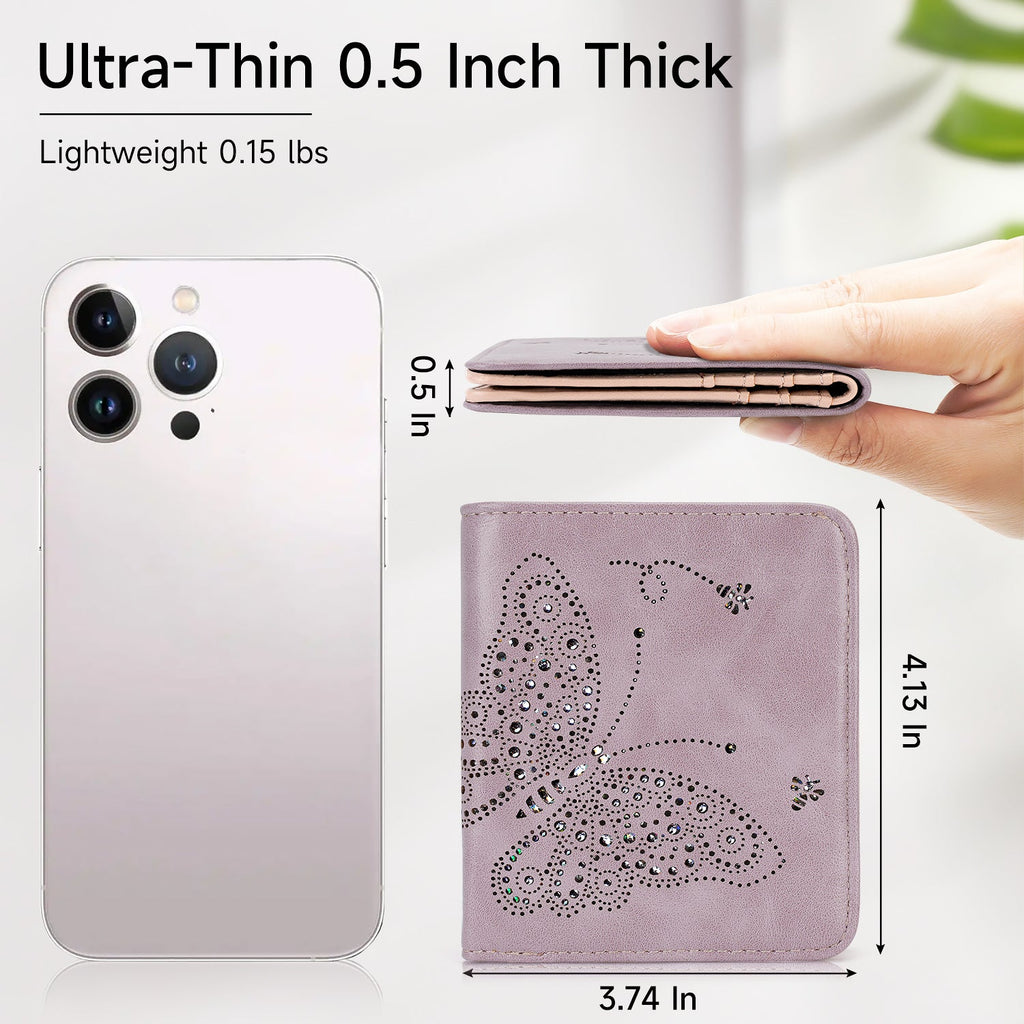 Butterfly Small RFID Ultra Slim Bifold Wallet, Purple APHISON