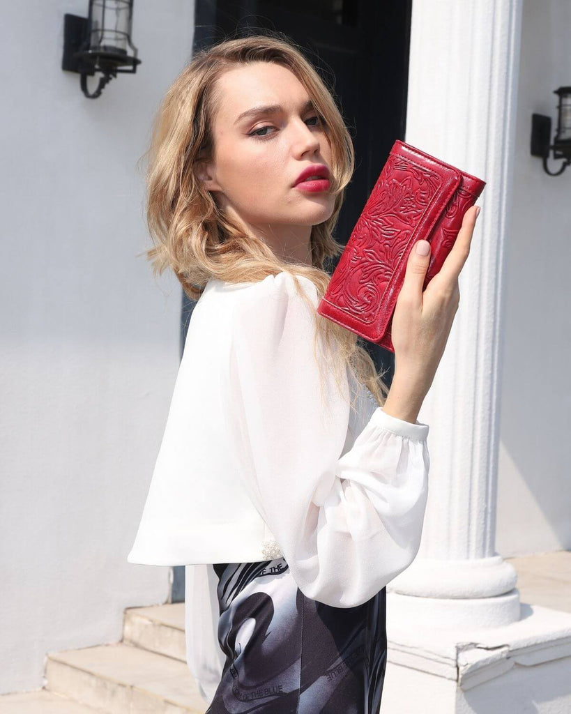 Orchid Embossed Tri-fold long wallet-RED Embossed Tri-fold long wallet