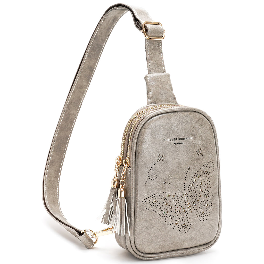 APHISON Butterfly Small Sling Bag Fanny Packs Cell Phone Purse Vegan Leather Crossbody Bags Gifts for Women Men Teen Girls GRAY APHISON