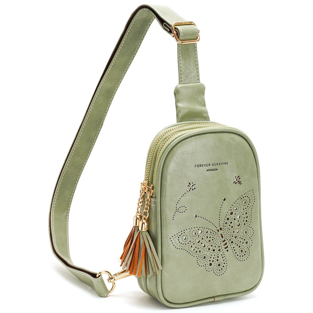APHISON Butterfly Small Sling Bag Fanny Packs Cell Phone Purse Vegan Leather Crossbody Bags Gifts for Women Men Teen Girls GREEN APHISON