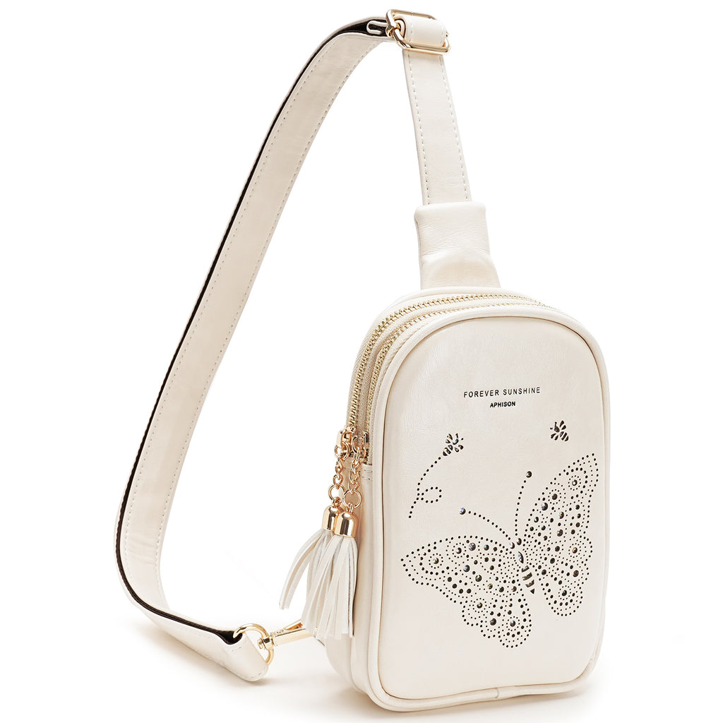 APHISON Butterfly Small Sling Bag Fanny Packs Cell Phone Purse Vegan Leather Crossbody Bags Gifts for Women Men Teen Girls WHITE APHISON