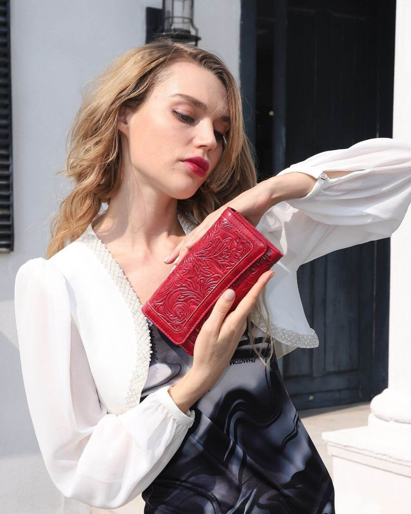 Orchid Embossed Tri-fold long wallet-RED Embossed Tri-fold long wallet