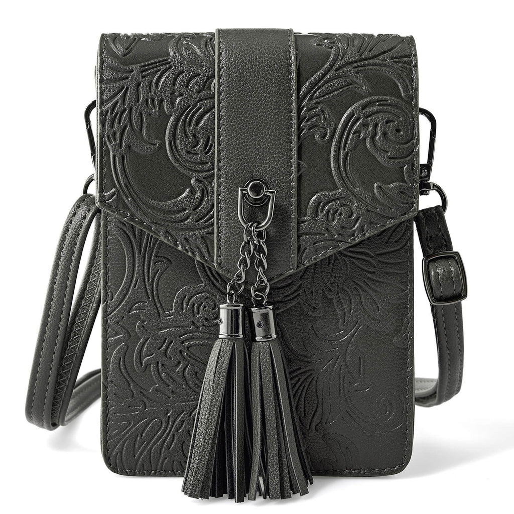 Fringe decorated orchid embossed Shoulder Bag-DARK GRAY Embossed Shoulder Bag