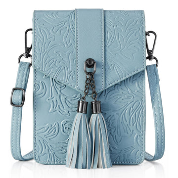 Fringe decorated orchid embossed Shoulder Bag-BLUE Embossed Shoulder Bag