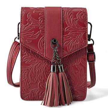 Fringe decorated orchid embossed Shoulder Bag-RED Embossed Shoulder Bag