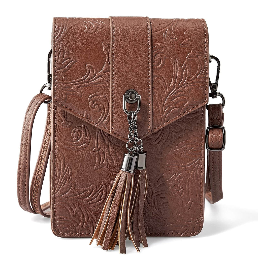 Fringe decorated orchid embossed Shoulder Bag-COFFEE Embossed Shoulder Bag